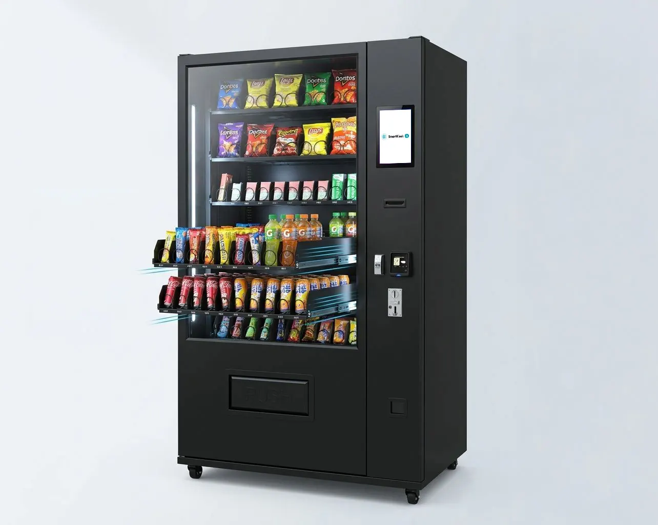 KI-gesteuerter SmartKiosk24 Späti-Automat mit neonblauem LED-Rahmen
